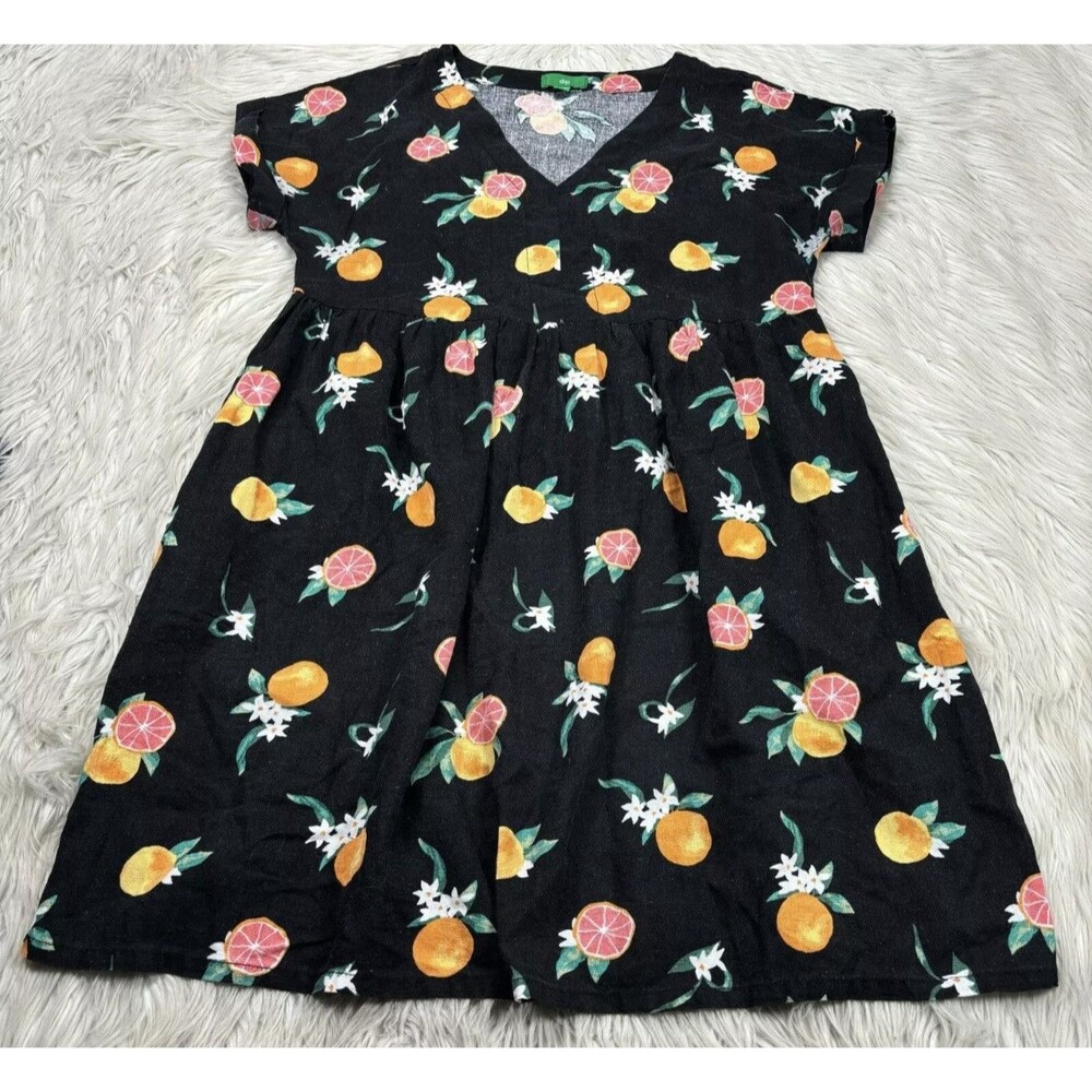 Dip Women's M Black Orange Citrus Print Linen Blend Dress Fit Flare Shift